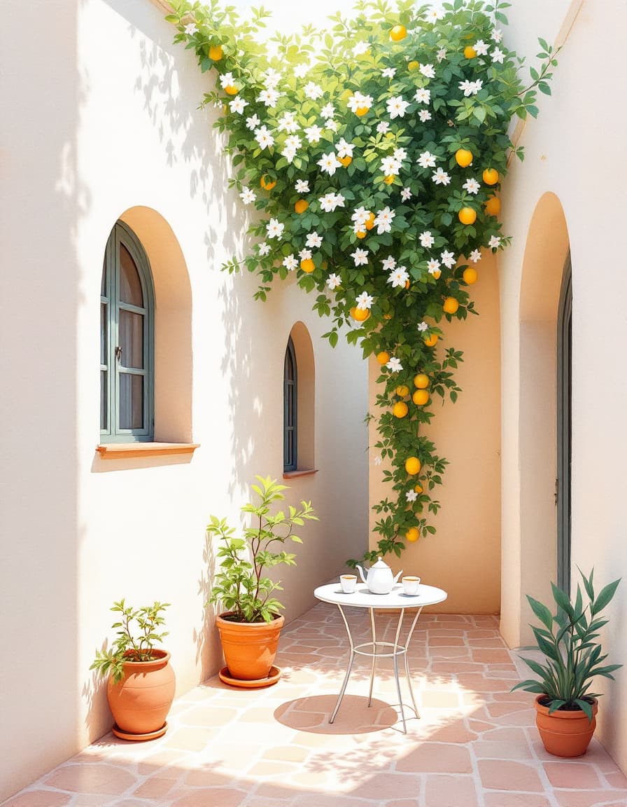 Watercolour illustration of a stone courtyard with jasmine and a lemon tree