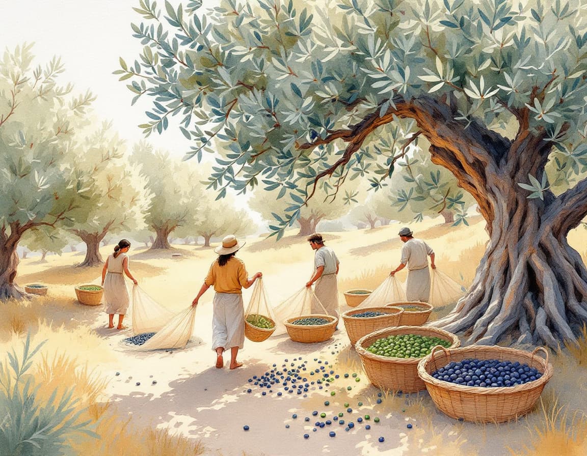 Watercolour illustration of an olive harvest in an old grove