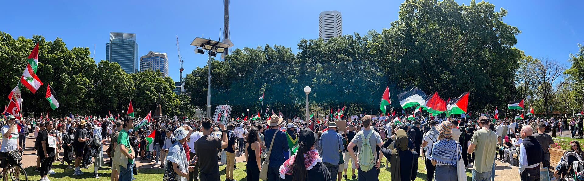 Panorama of a large crowd in a sunlit Sydney park, many holding Palestinian and other flags, under a clear blue sky