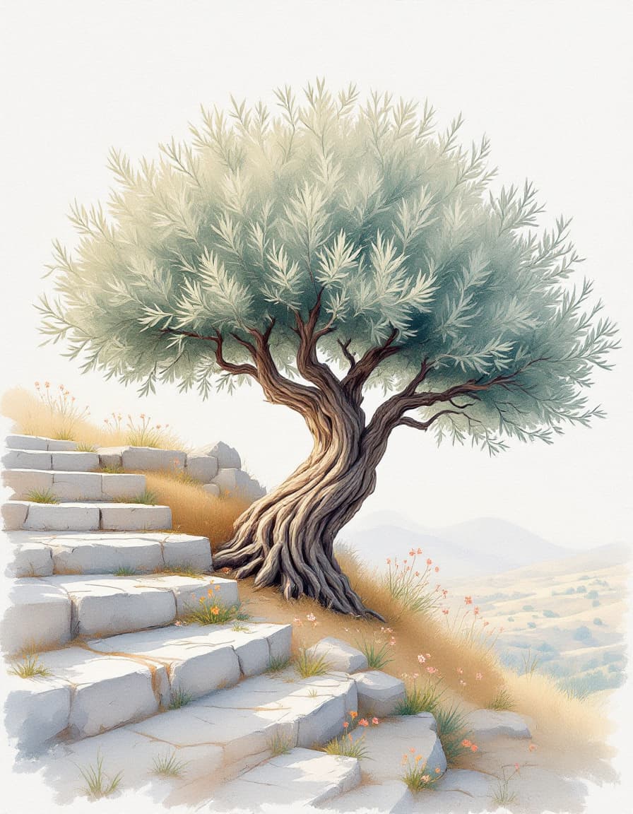 Watercolour illustration of an ancient olive tree on a stone terrace