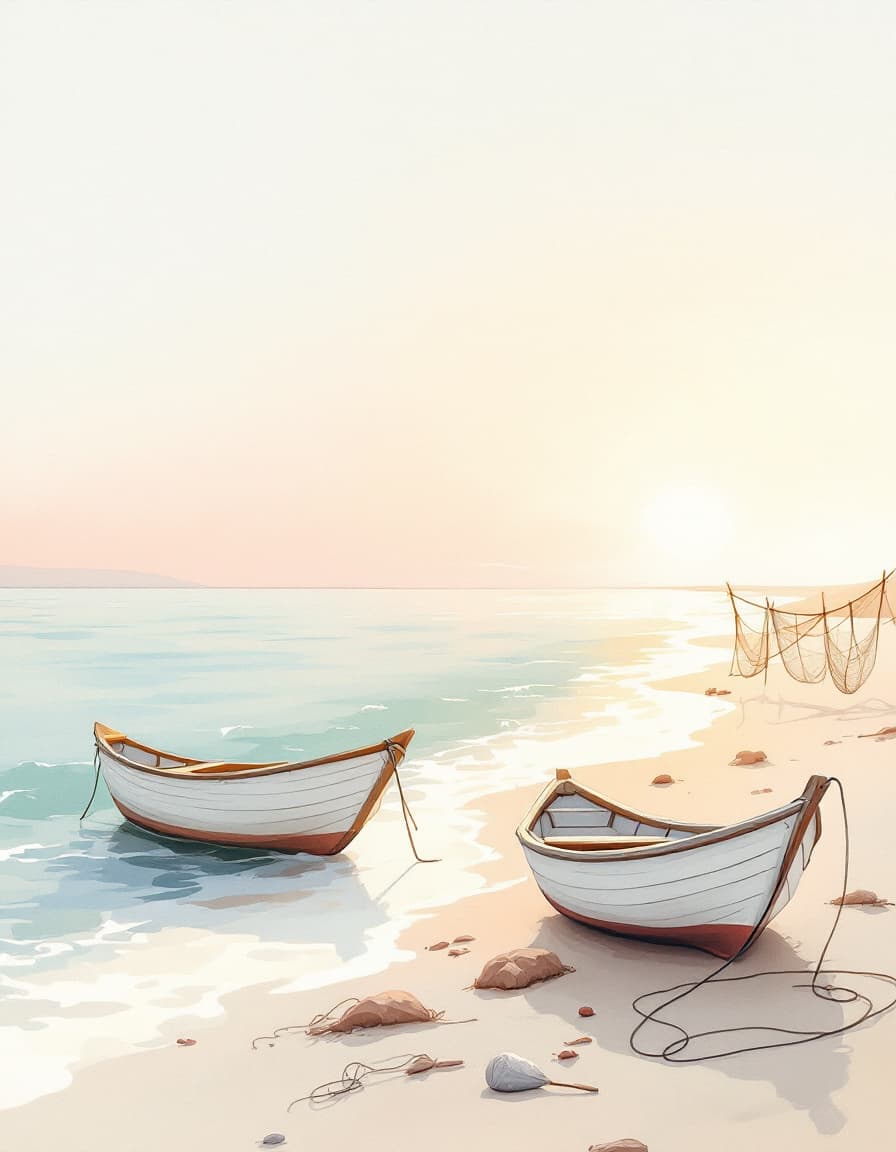 Watercolour illustration of two wooden boats on a calm shore at sunrise